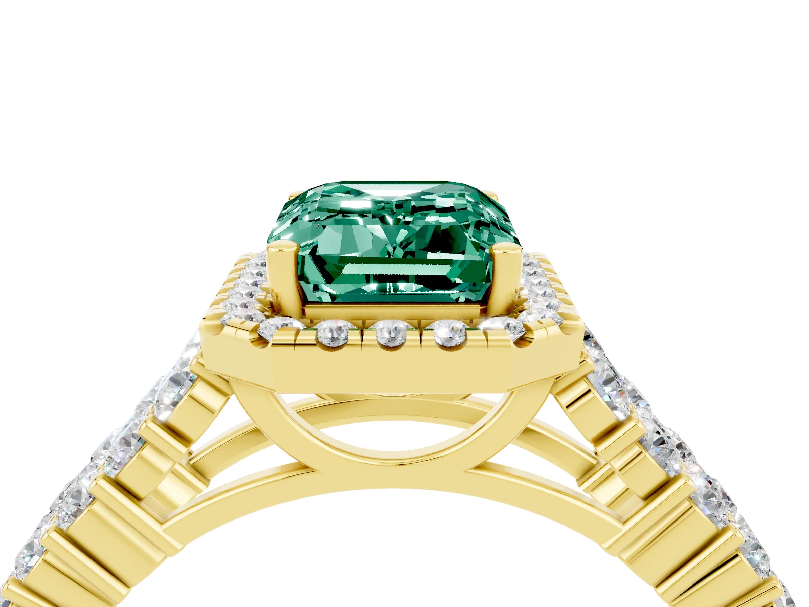 Yellow gold Emerald Cut Halo Pavé Diamond Engagement Ring with Split Shank and Four-Prong Setting_4