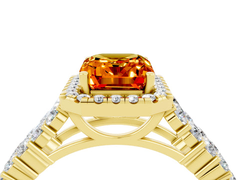 Yellow gold Emerald Cut Halo Pavé Diamond Engagement Ring with Split Shank and Four-Prong Setting_4