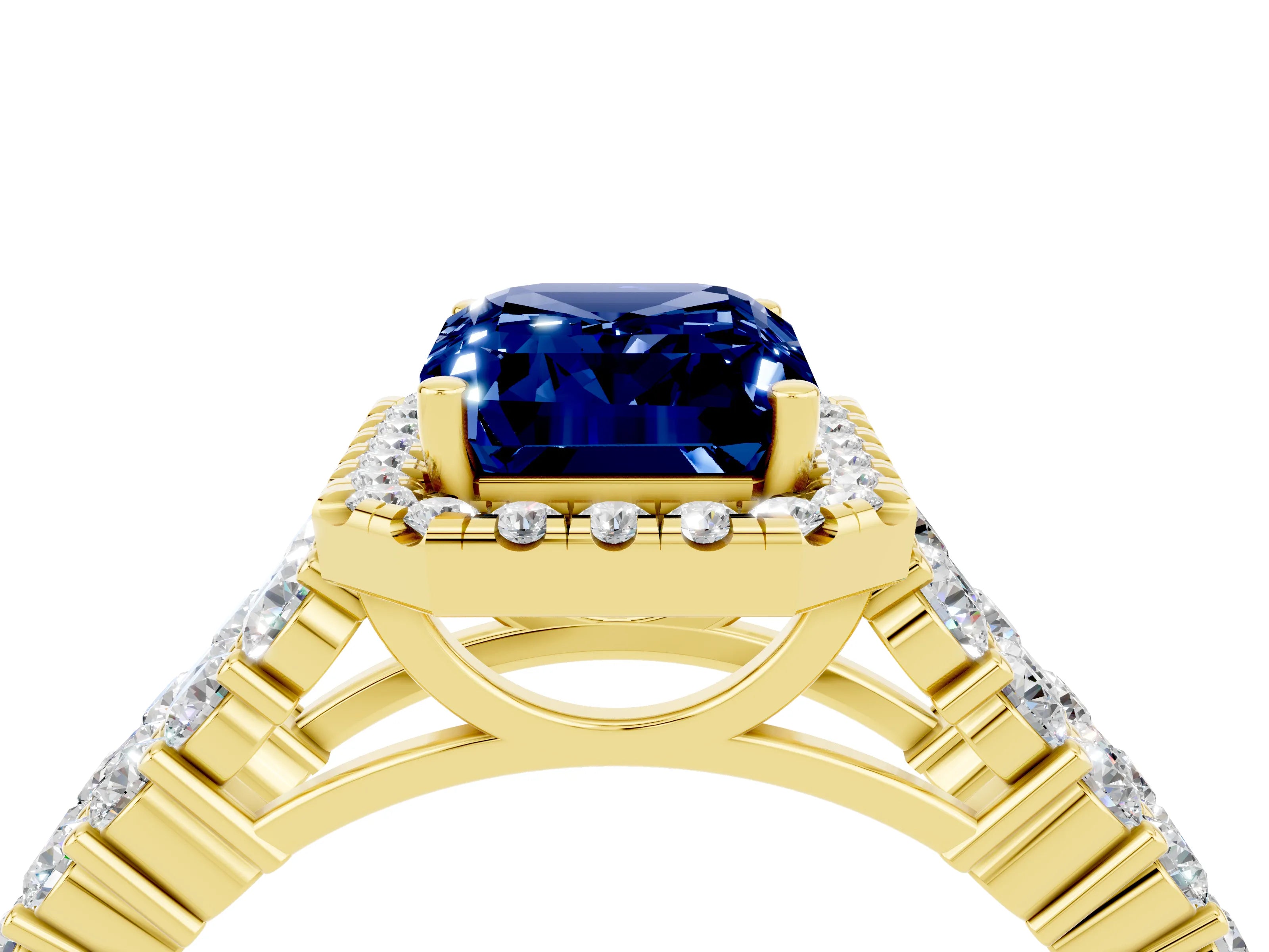 Yellow gold Emerald Cut Halo Pavé Diamond Engagement Ring with Split Shank and Four-Prong Setting_4