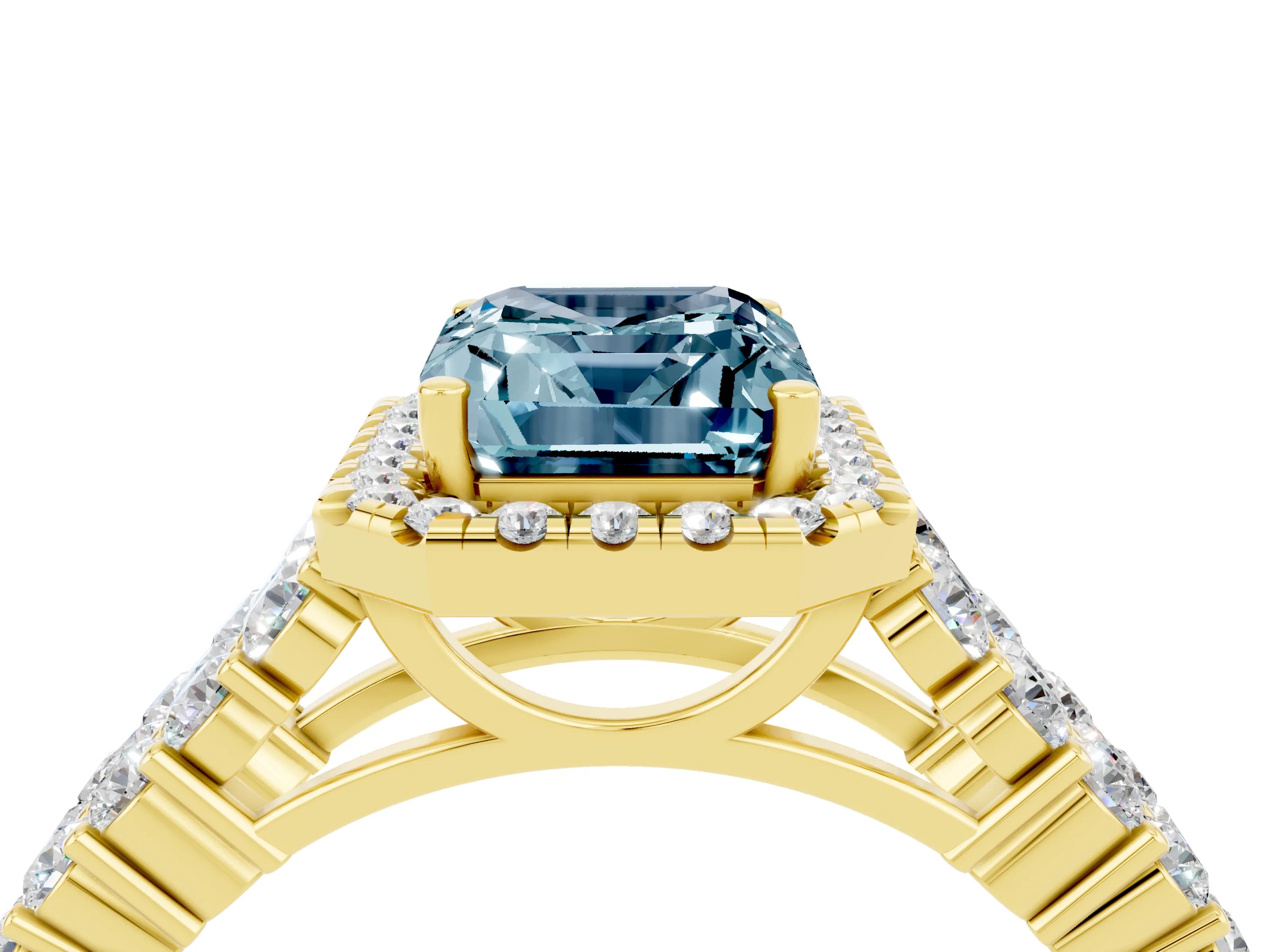 Yellow gold Emerald Cut Halo Pavé Diamond Engagement Ring with Split Shank and Four-Prong Setting_4