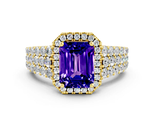 Yellow gold Emerald Cut Tanzanite Halo Engagement Ring with Triple Row Round Pavé Band and Prong Setting