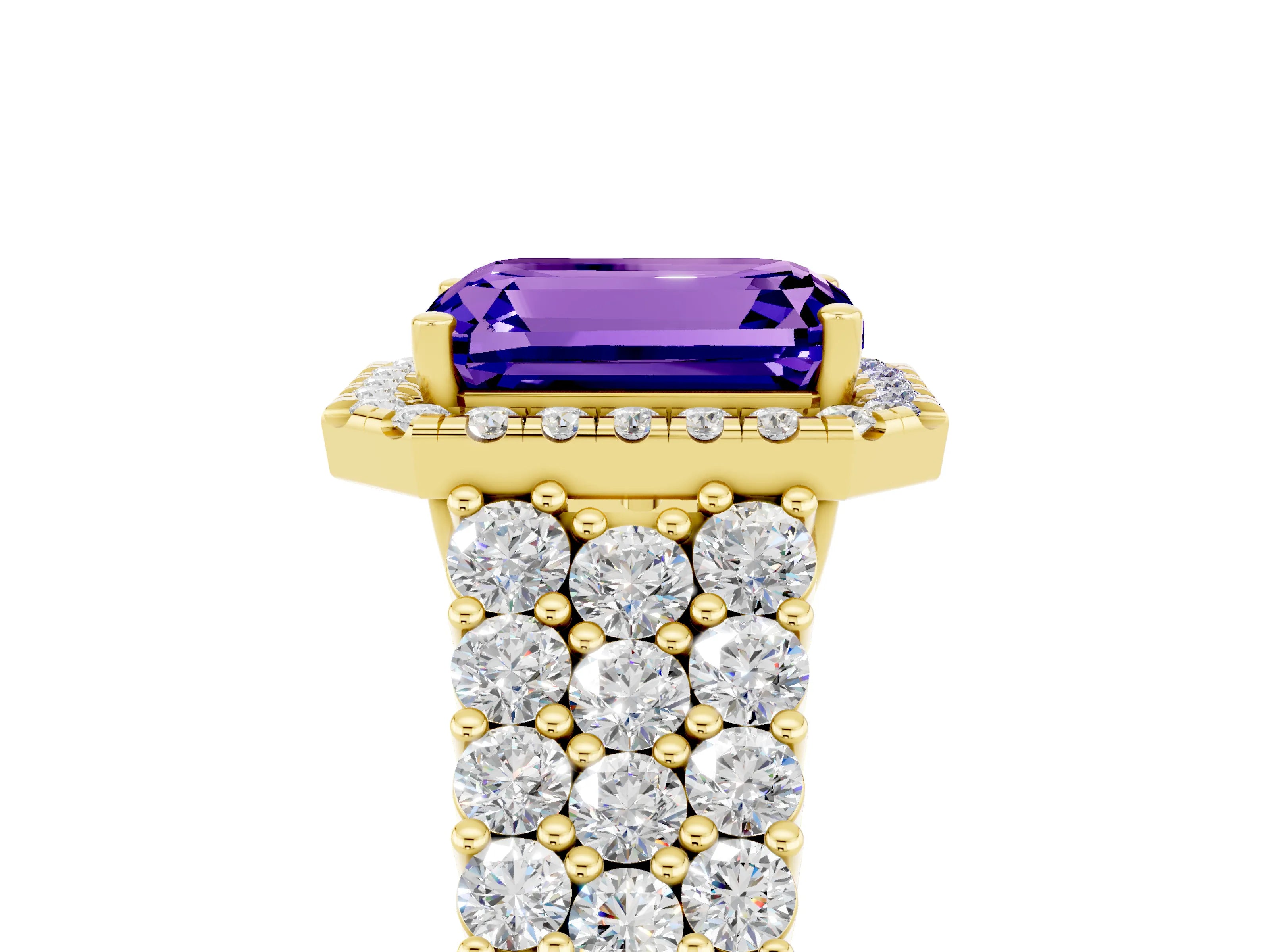 Yellow gold Emerald Cut Halo Pavé Diamond Engagement Ring with Split Shank and Four-Prong Setting_5