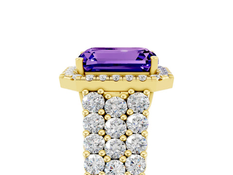 Yellow gold Emerald Cut Halo Pavé Diamond Engagement Ring with Split Shank and Four-Prong Setting_5