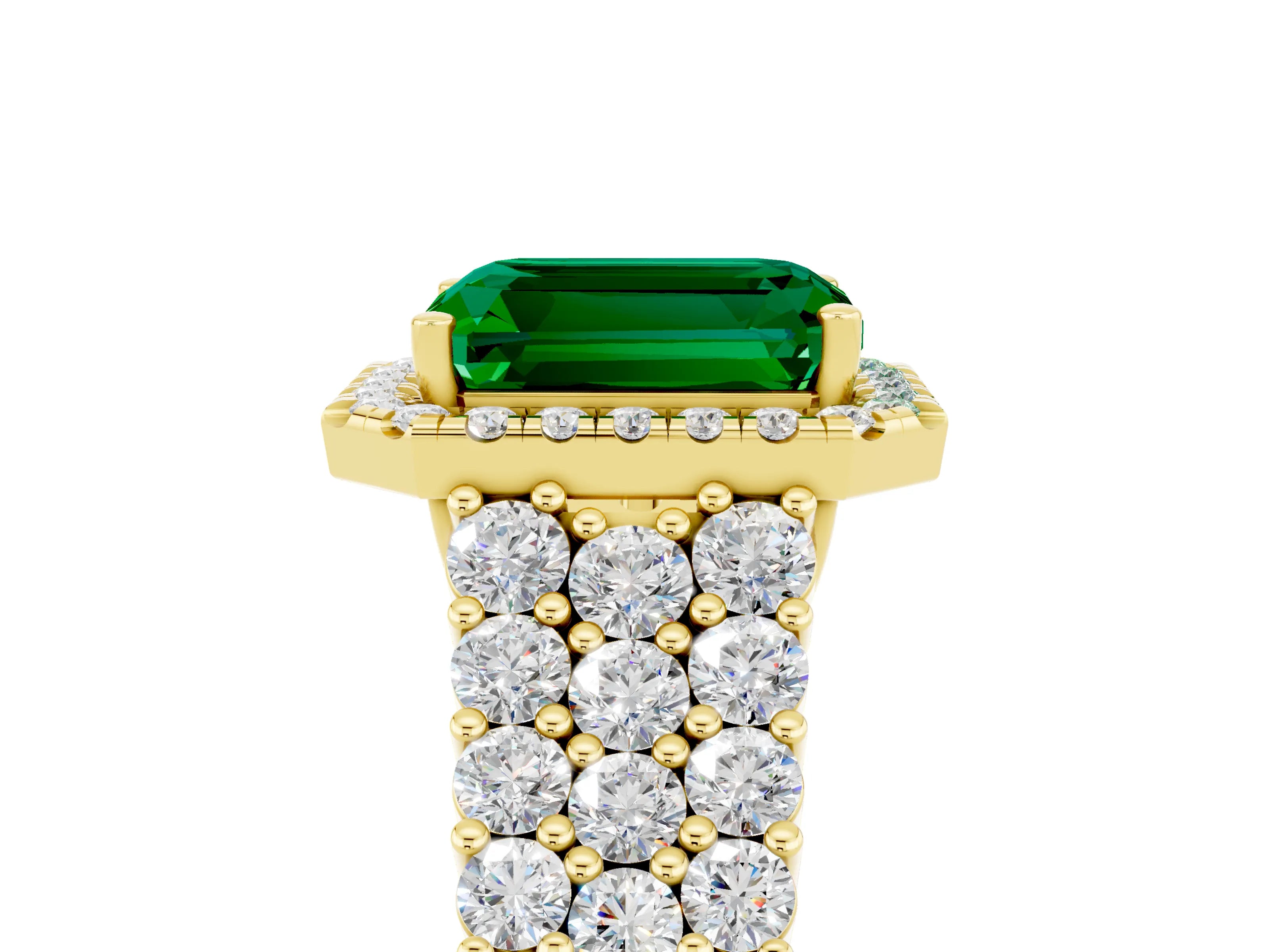 Yellow gold Emerald Cut Halo Pavé Diamond Engagement Ring with Split Shank and Four-Prong Setting_5