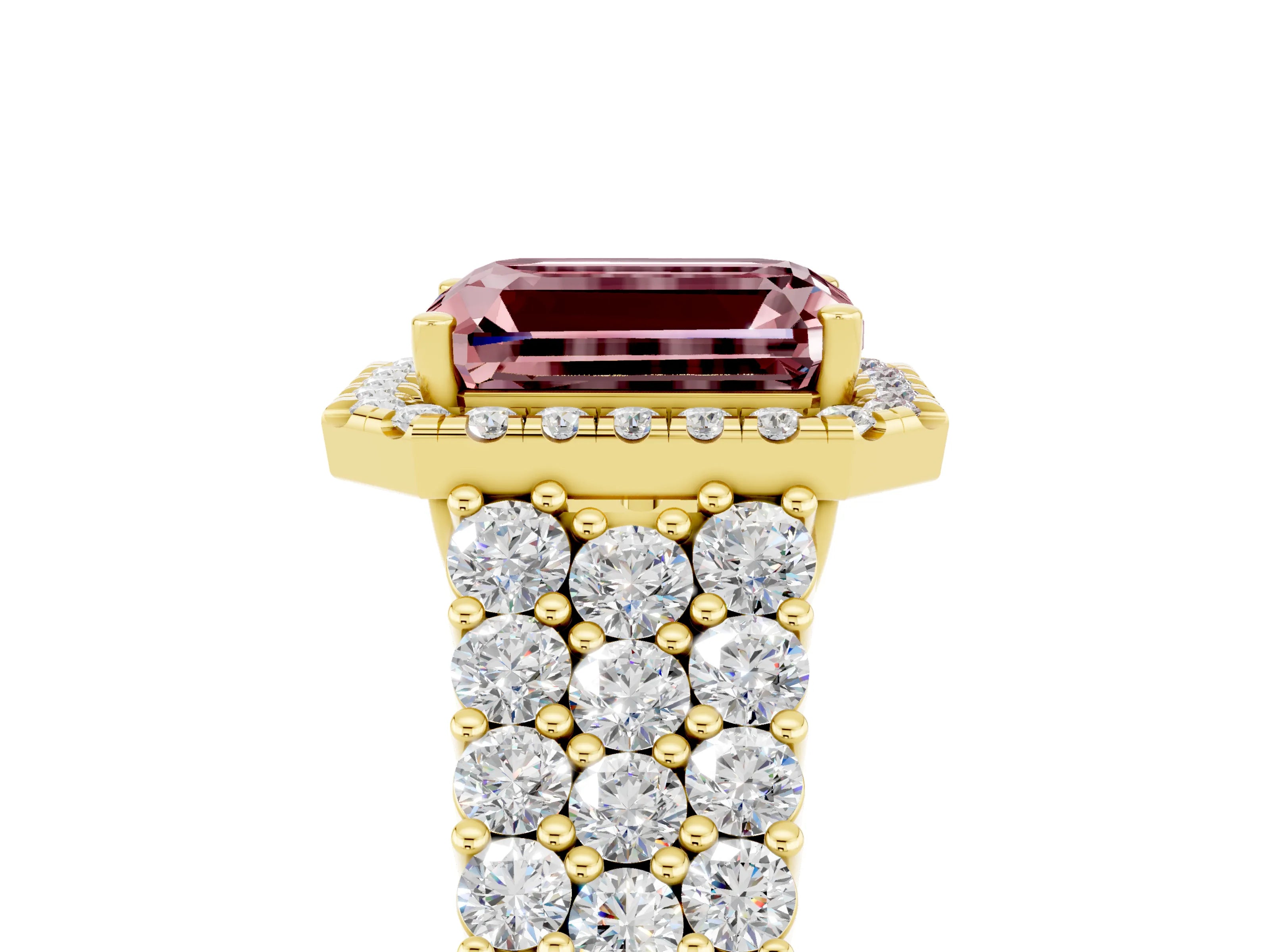 Yellow gold Emerald Cut Halo Pavé Diamond Engagement Ring with Split Shank and Four-Prong Setting_5
