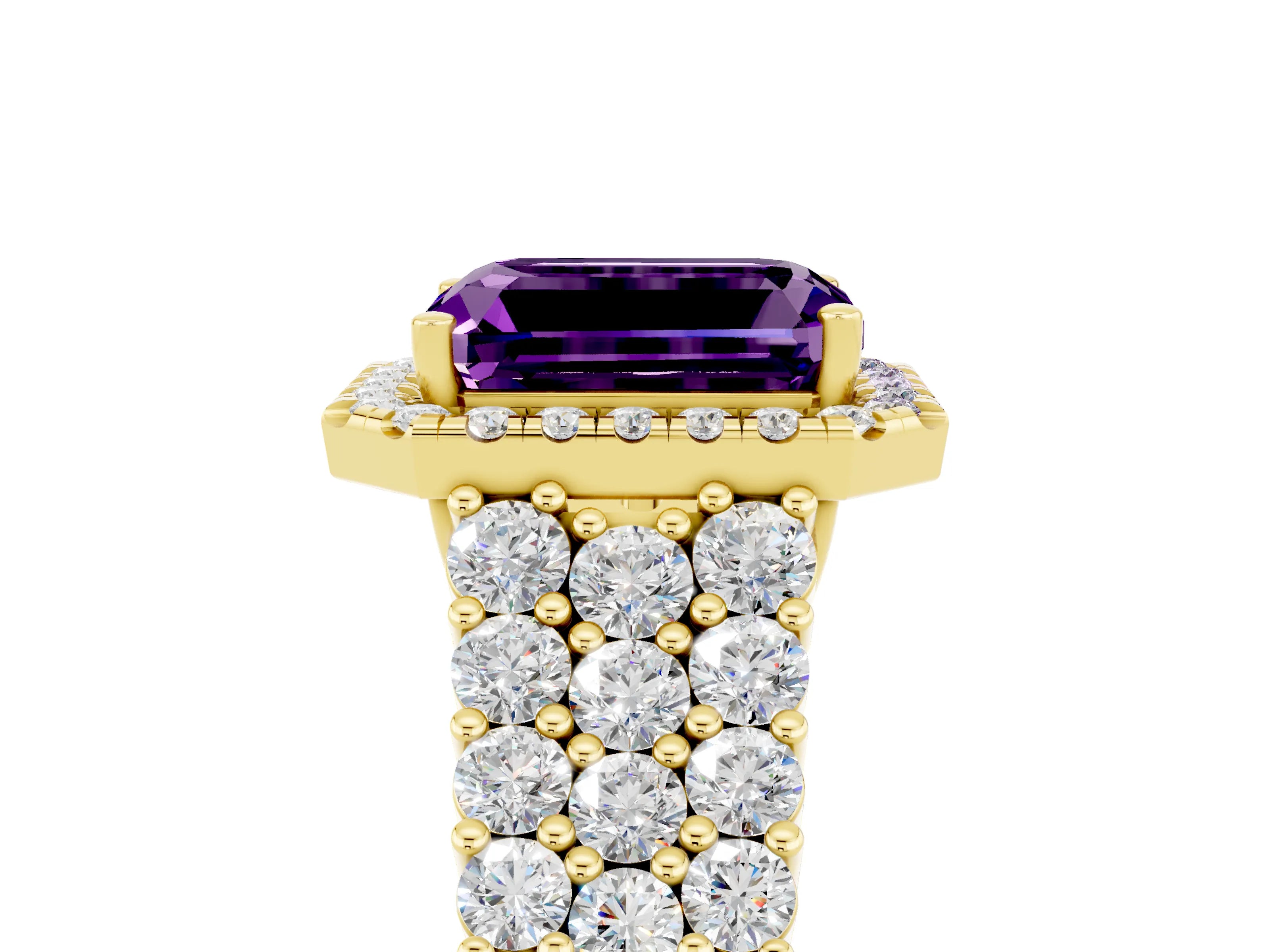Yellow gold Emerald Cut Halo Pavé Diamond Engagement Ring with Split Shank and Four-Prong Setting_5
