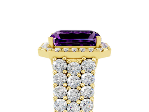 Yellow gold Emerald Cut Halo Pavé Diamond Engagement Ring with Split Shank and Four-Prong Setting_5