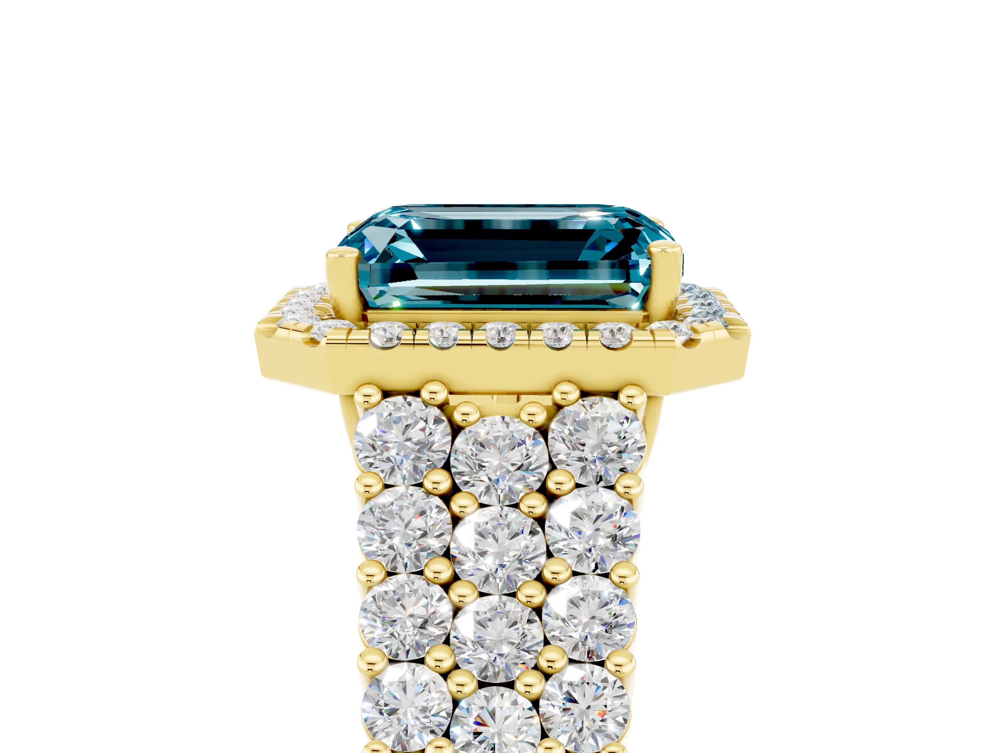 Yellow gold Emerald Cut Halo Pavé Diamond Engagement Ring with Split Shank and Four-Prong Setting_5