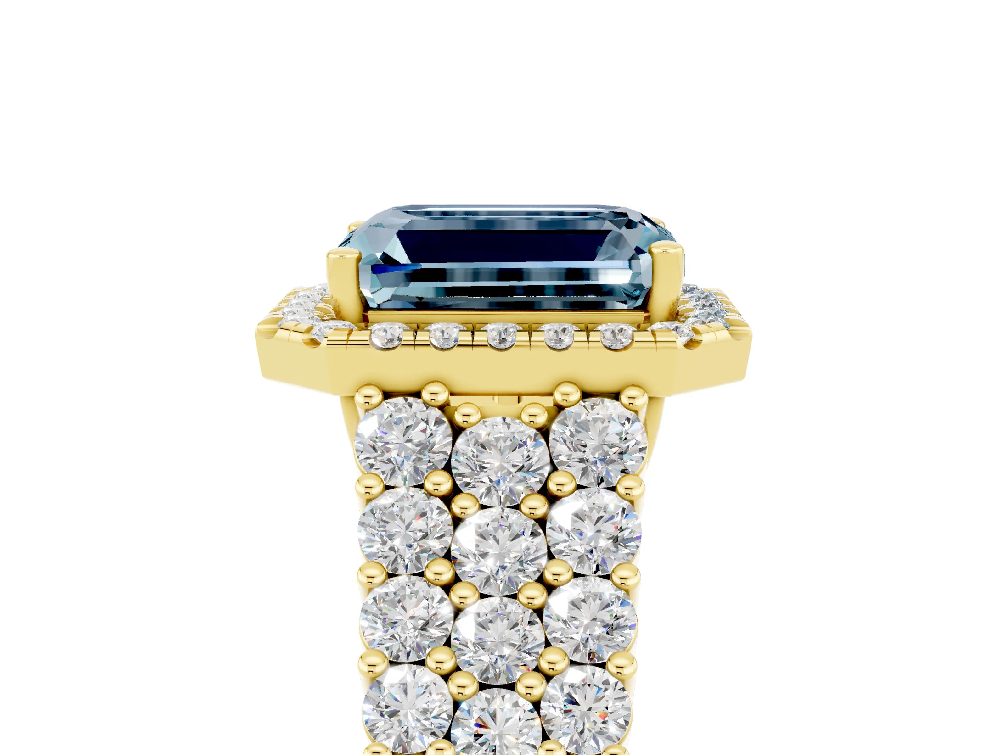Yellow gold Emerald Cut Halo Pavé Diamond Engagement Ring with Split Shank and Four-Prong Setting_5
