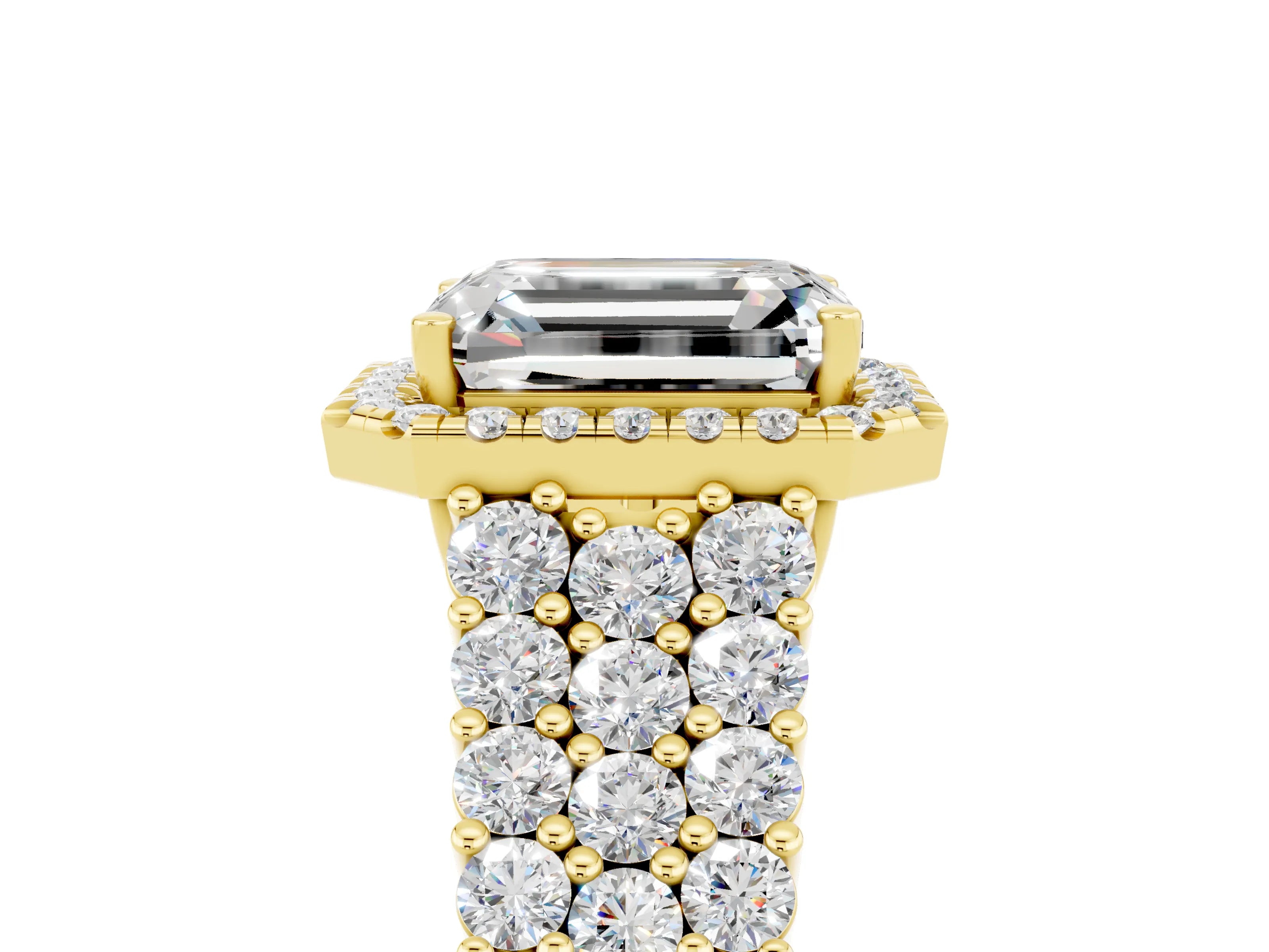 Yellow gold Emerald Cut Halo Pavé Diamond Engagement Ring with Split Shank and Four-Prong Setting_5