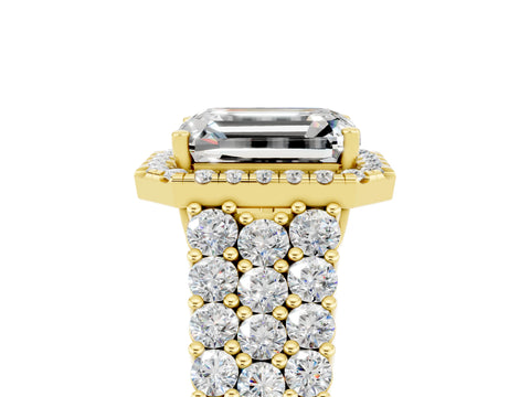 Yellow gold Emerald Cut Halo Pavé Diamond Engagement Ring with Split Shank and Four-Prong Setting_5