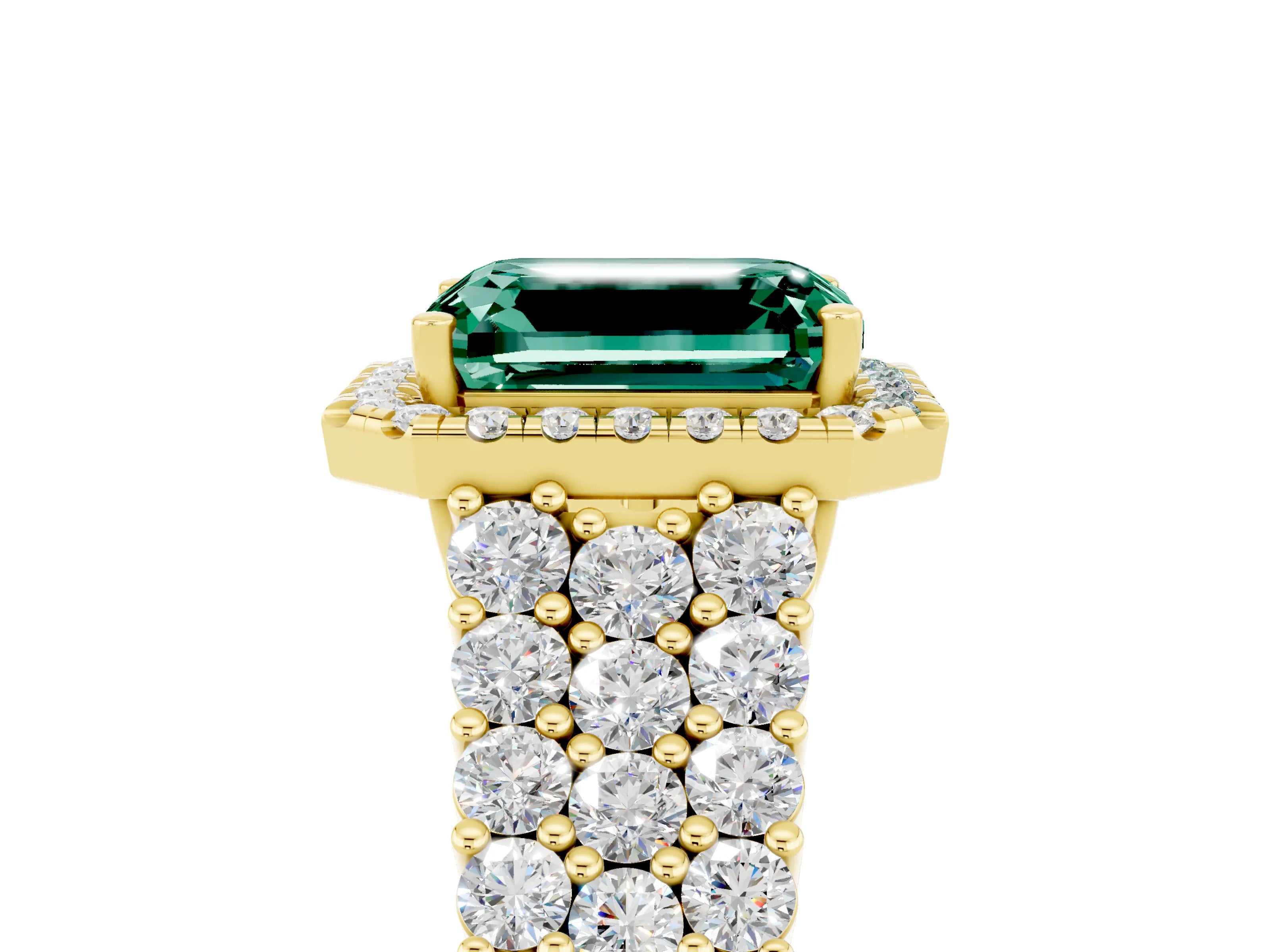 Yellow gold Emerald Cut Halo Pavé Diamond Engagement Ring with Split Shank and Four-Prong Setting_5