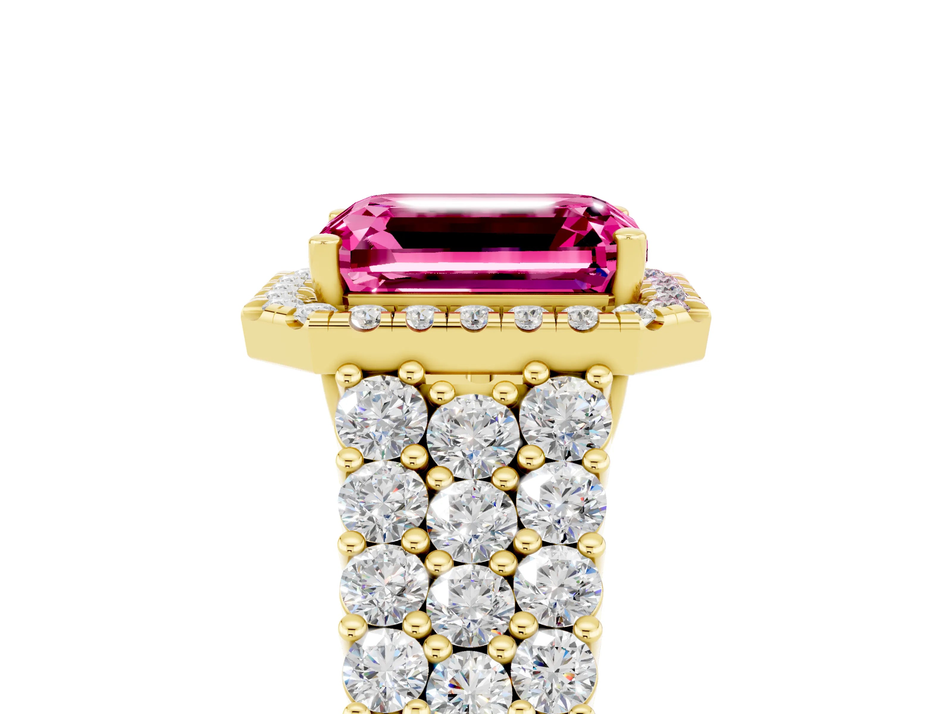 Yellow gold Emerald Cut Halo Pavé Diamond Engagement Ring with Split Shank and Four-Prong Setting_5