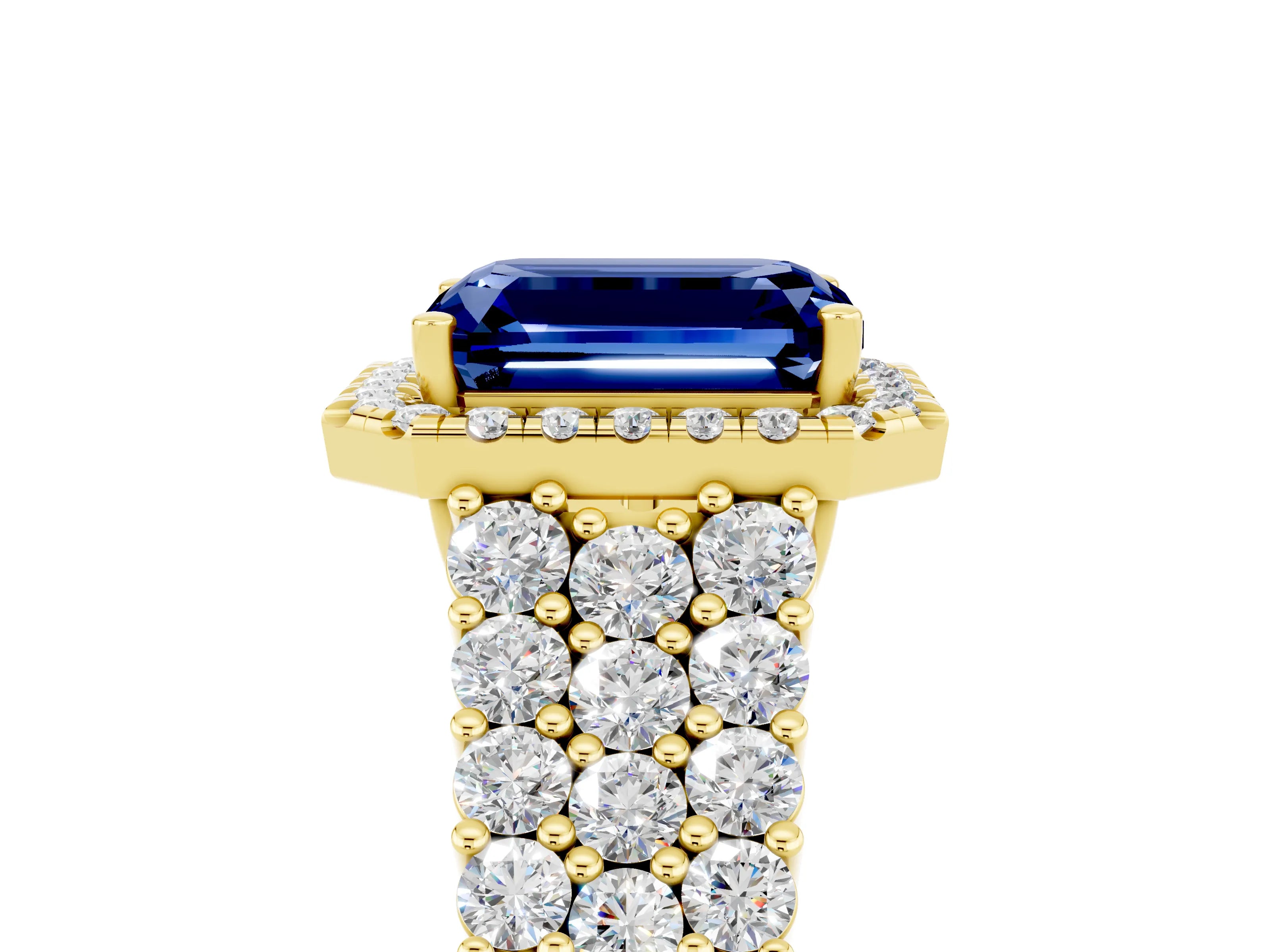 Yellow gold Emerald Cut Halo Pavé Diamond Engagement Ring with Split Shank and Four-Prong Setting_5