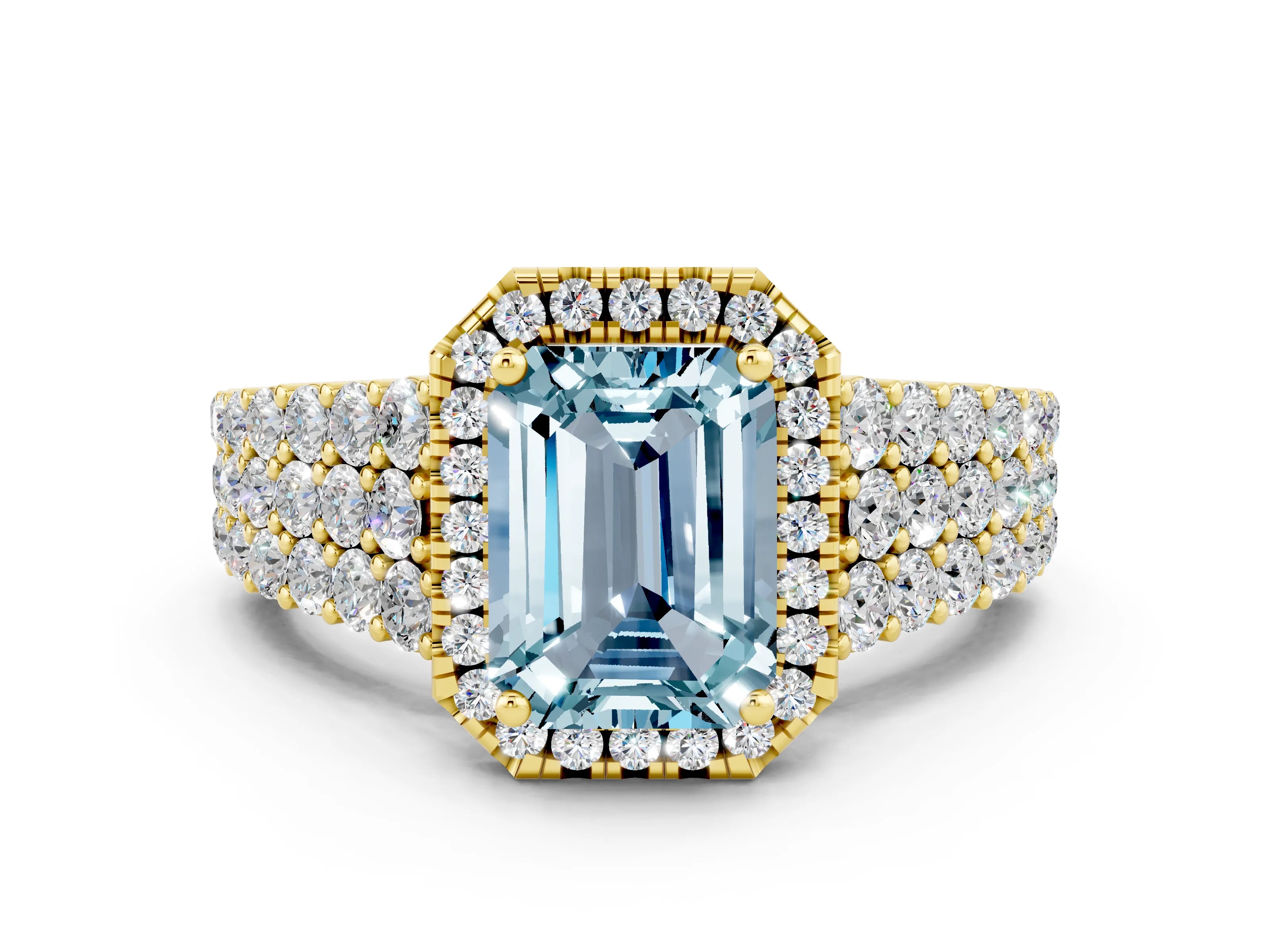 Yellow gold Emerald Cut Halo Pavé Diamond Engagement Ring with Split Shank and Four-Prong Setting
