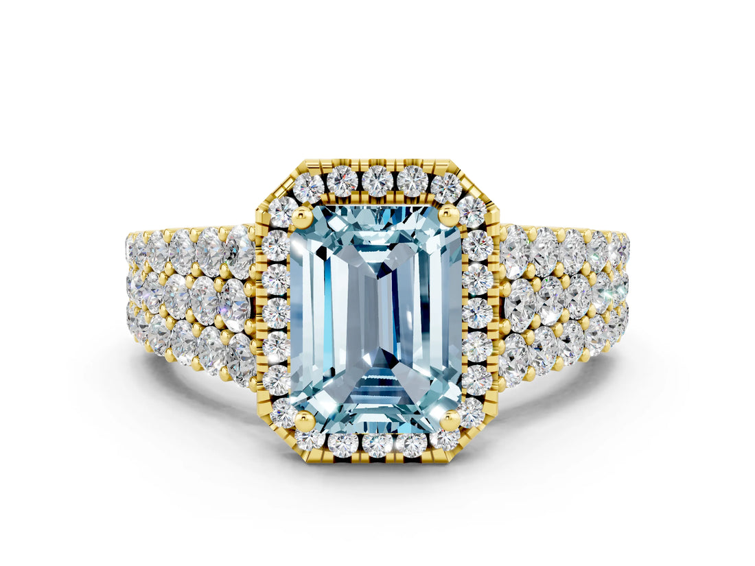 Yellow gold Emerald Cut Halo Pavé Diamond Engagement Ring with Split Shank and Four-Prong Setting