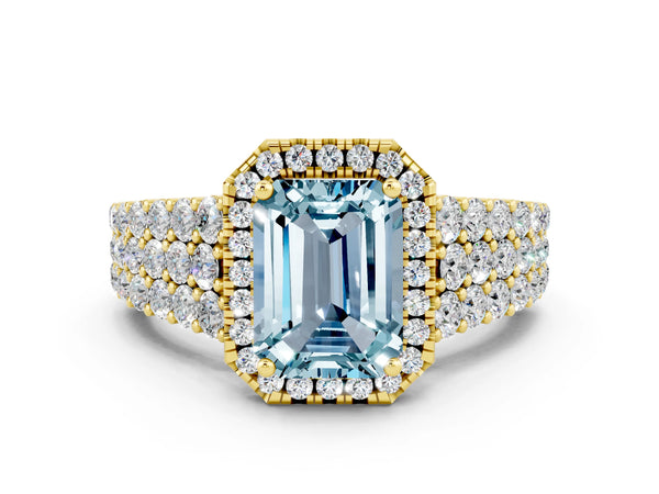 Yellow gold Emerald Cut Aquamarine Halo Engagement Ring with Triple Row Round Pavé Band and Prong Setting