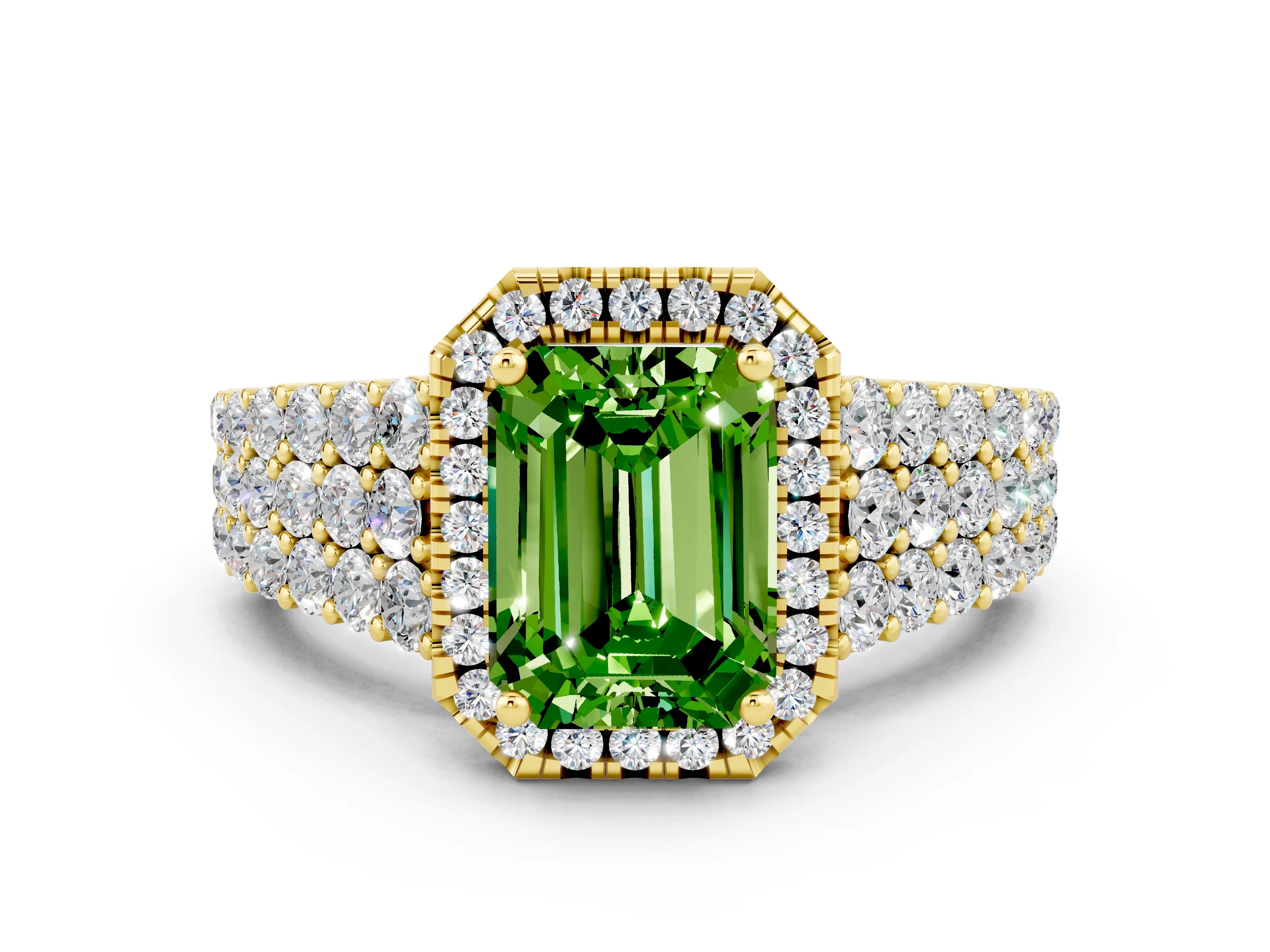 Yellow gold Emerald Cut Halo Pavé Diamond Engagement Ring with Split Shank and Four-Prong Setting