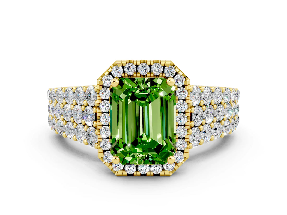 Yellow gold Emerald Cut Halo Pavé Diamond Engagement Ring with Split Shank and Four-Prong Setting