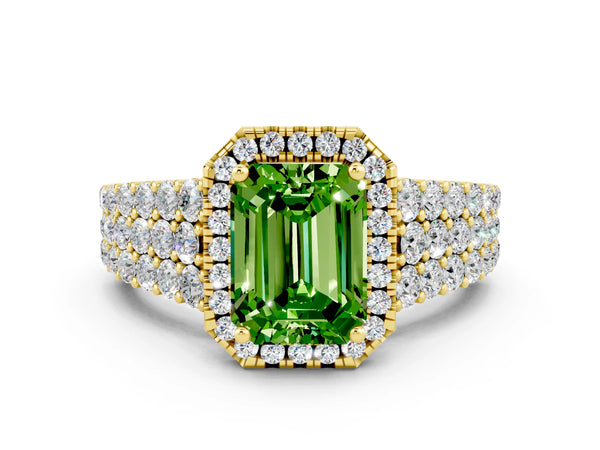 Yellow gold Emerald Cut Halo Pavé Diamond Engagement Ring with Split Shank and Four-Prong Setting