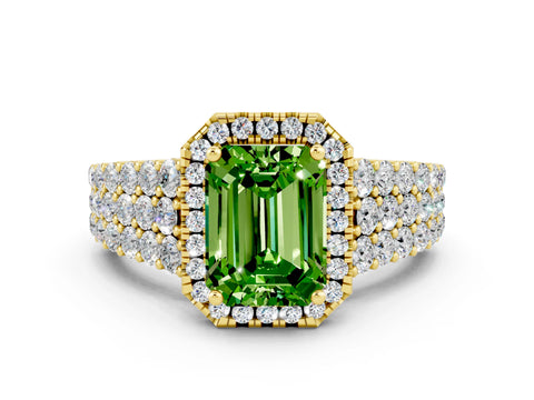 Yellow gold Emerald Cut Halo Pavé Diamond Engagement Ring with Split Shank and Four-Prong Setting