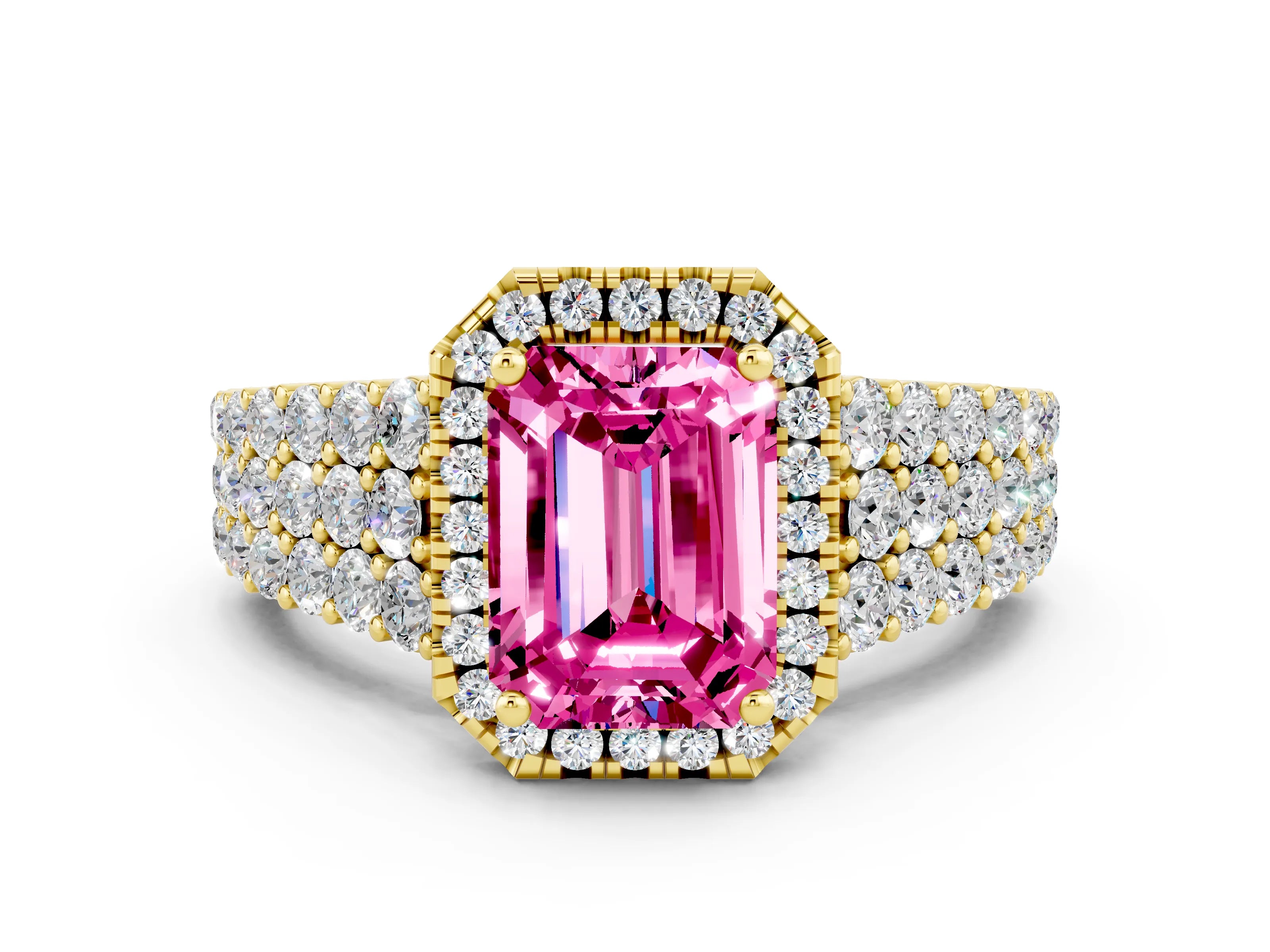 Yellow gold Emerald Cut Halo Pavé Diamond Engagement Ring with Split Shank and Four-Prong Setting