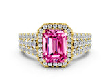 Yellow gold Emerald Cut Halo Pavé Diamond Engagement Ring with Split Shank and Four-Prong Setting