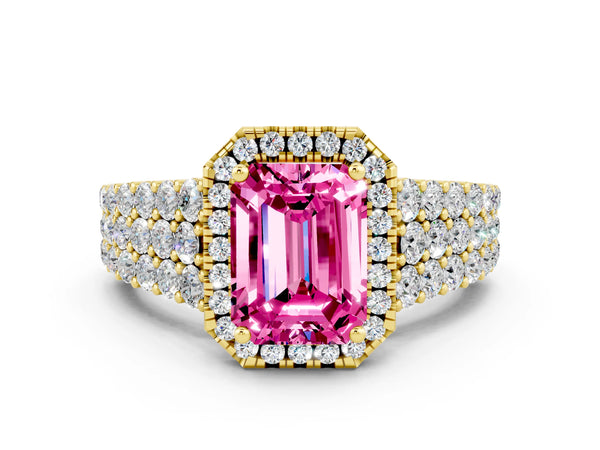Yellow gold Emerald Cut Pink Sapphire Halo Engagement Ring with Triple Row Round Pavé Band and Prong Setting