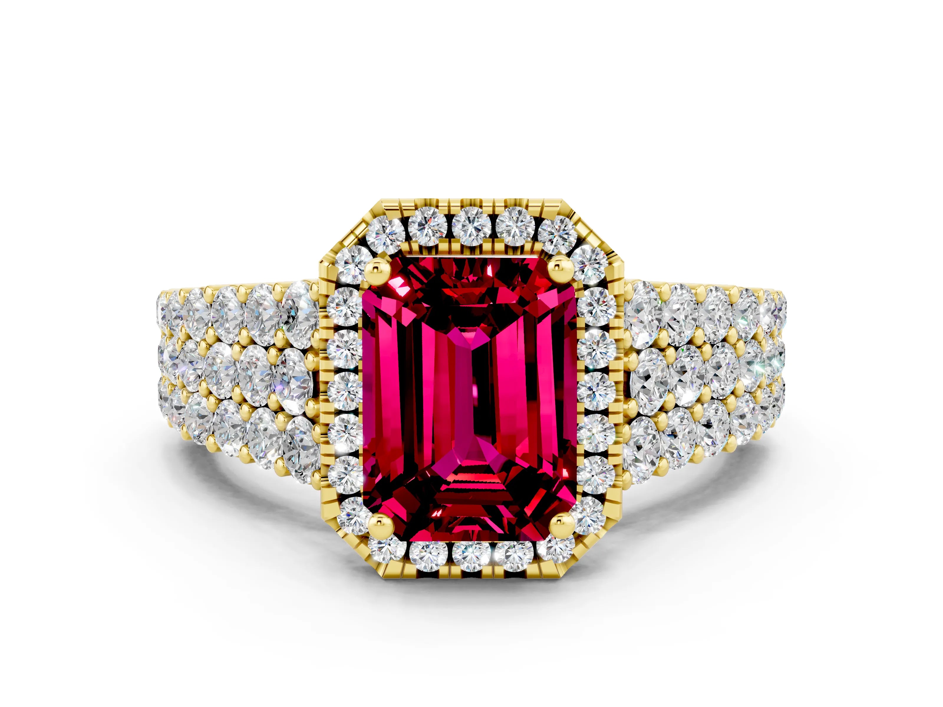 Yellow gold Emerald Cut Halo Pavé Diamond Engagement Ring with Split Shank and Four-Prong Setting