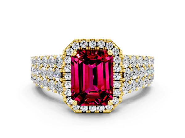 Yellow gold Emerald Cut Garnet Halo Engagement Ring with Triple Row Round Pavé Band and Prong Setting