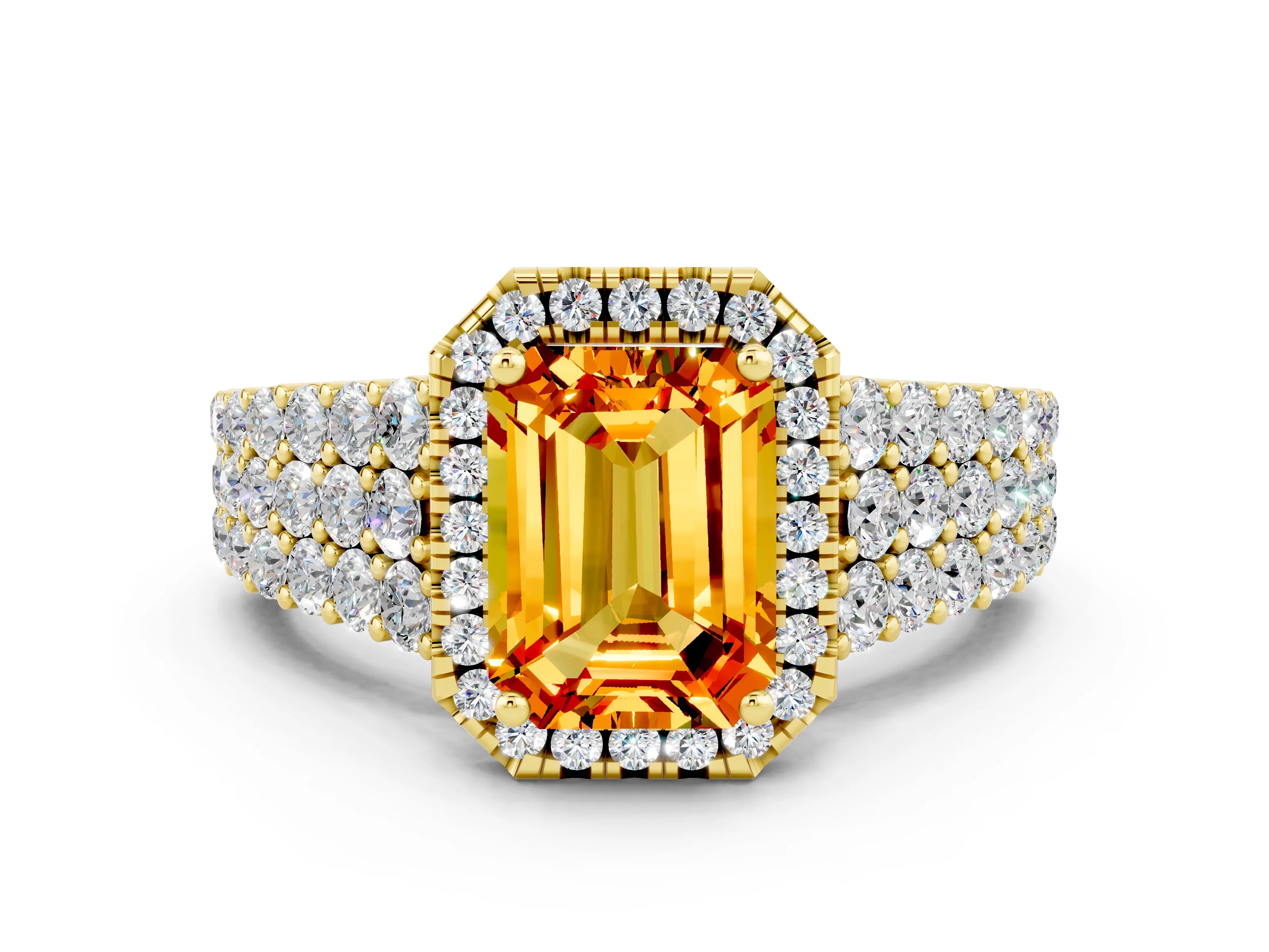 Yellow gold Emerald Cut Halo Pavé Diamond Engagement Ring with Split Shank and Four-Prong Setting