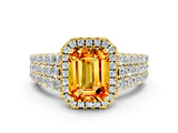 Yellow gold Emerald Cut Halo Pavé Diamond Engagement Ring with Split Shank and Four-Prong Setting