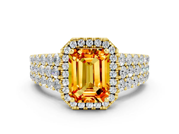 Yellow gold Emerald Cut Citrine Halo Engagement Ring with Triple Row Round Pavé Band and Prong Setting