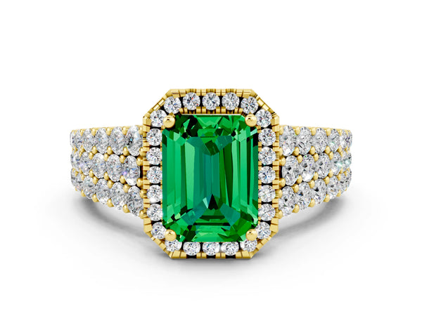 Yellow gold Emerald Cut Emerald Halo Engagement Ring with Triple Row Round Pavé Band and Prong Setting