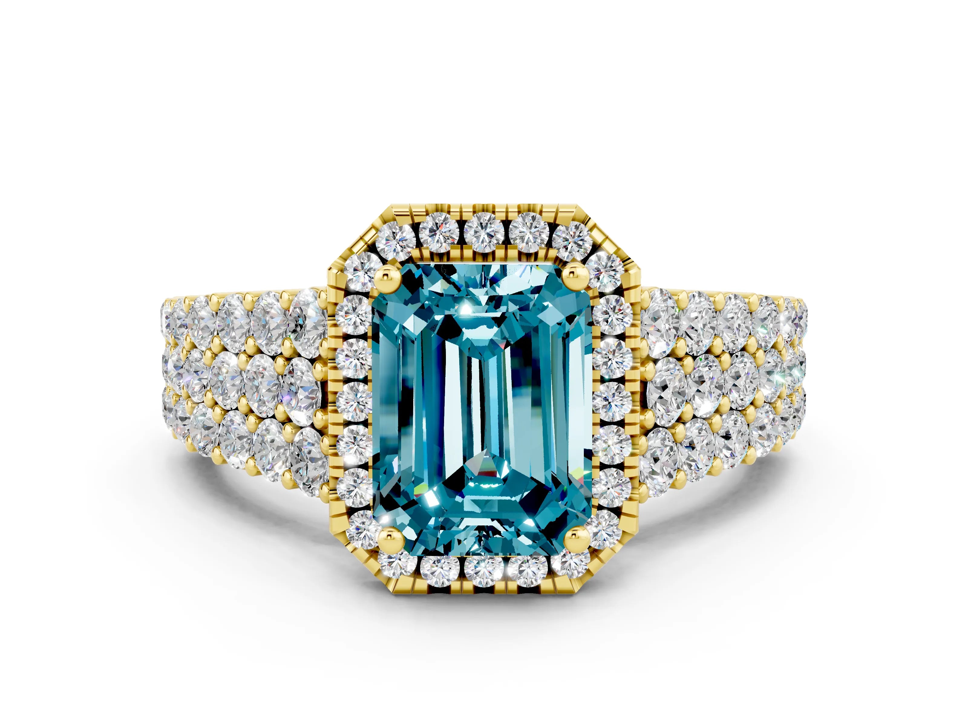 Yellow gold Emerald Cut Halo Pavé Diamond Engagement Ring with Split Shank and Four-Prong Setting