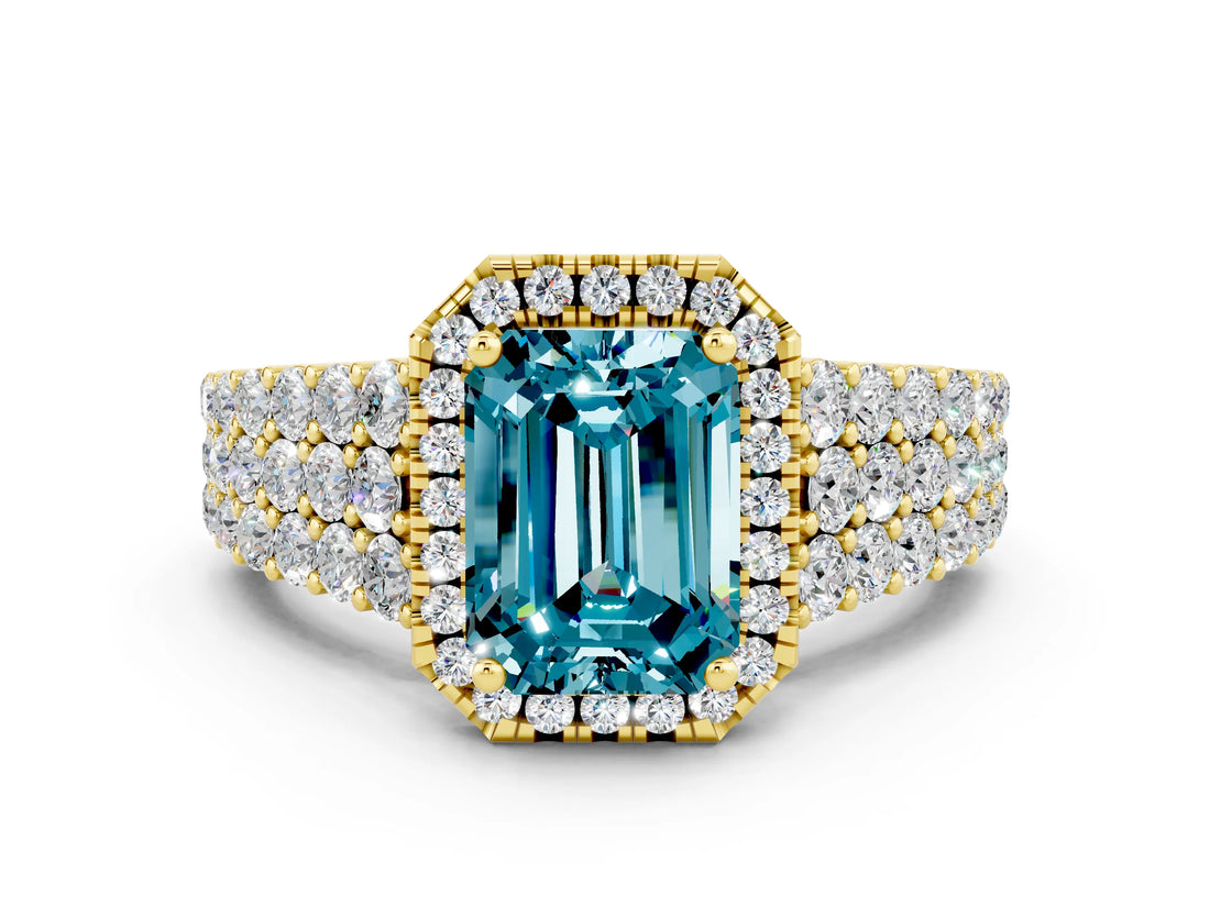 Yellow gold Emerald Cut Halo Pavé Diamond Engagement Ring with Split Shank and Four-Prong Setting