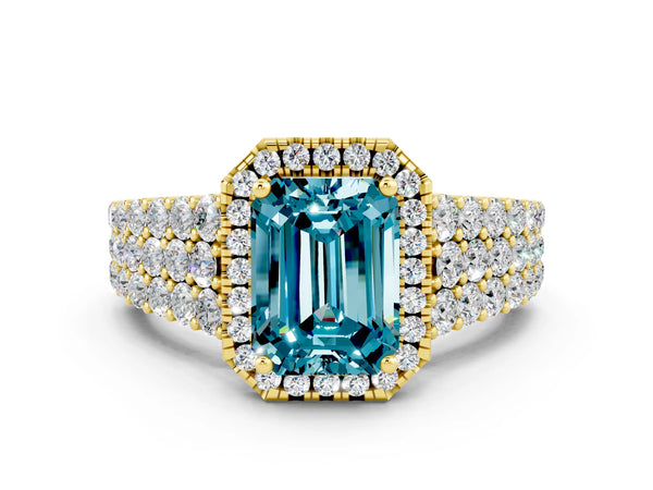 Yellow gold Emerald Cut Halo Pavé Diamond Engagement Ring with Split Shank and Four-Prong Setting