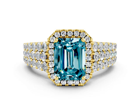 Yellow gold Emerald Cut Halo Pavé Diamond Engagement Ring with Split Shank and Four-Prong Setting