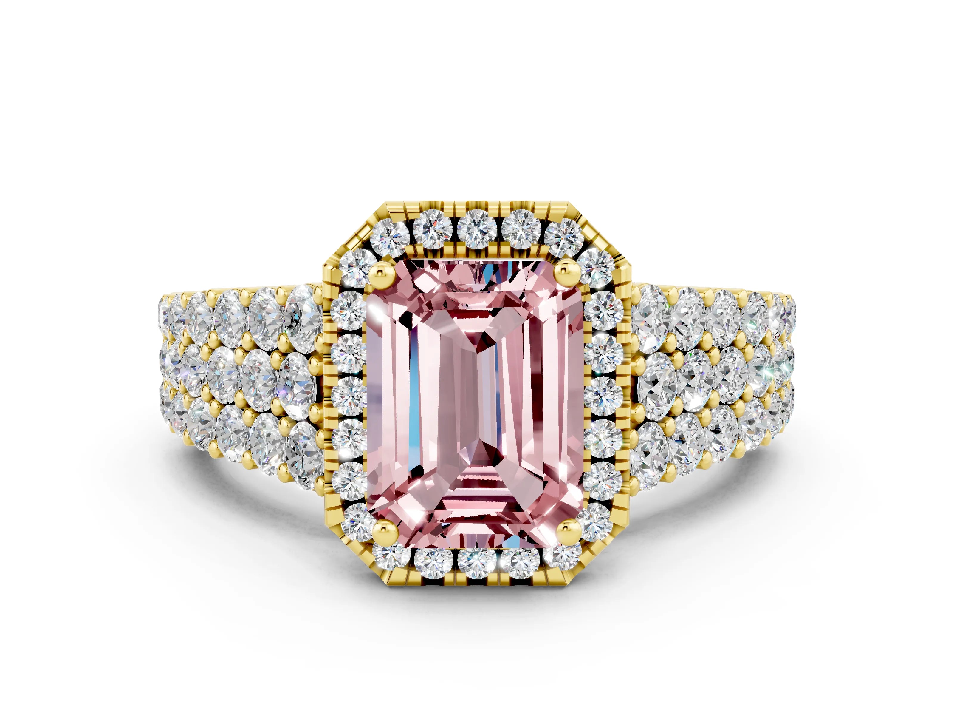 Yellow gold Emerald Cut Halo Pavé Diamond Engagement Ring with Split Shank and Four-Prong Setting