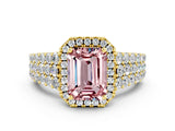 Yellow gold Emerald Cut Halo Pavé Diamond Engagement Ring with Split Shank and Four-Prong Setting