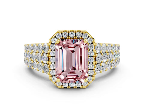 Yellow gold Emerald Cut Halo Pavé Diamond Engagement Ring with Split Shank and Four-Prong Setting
