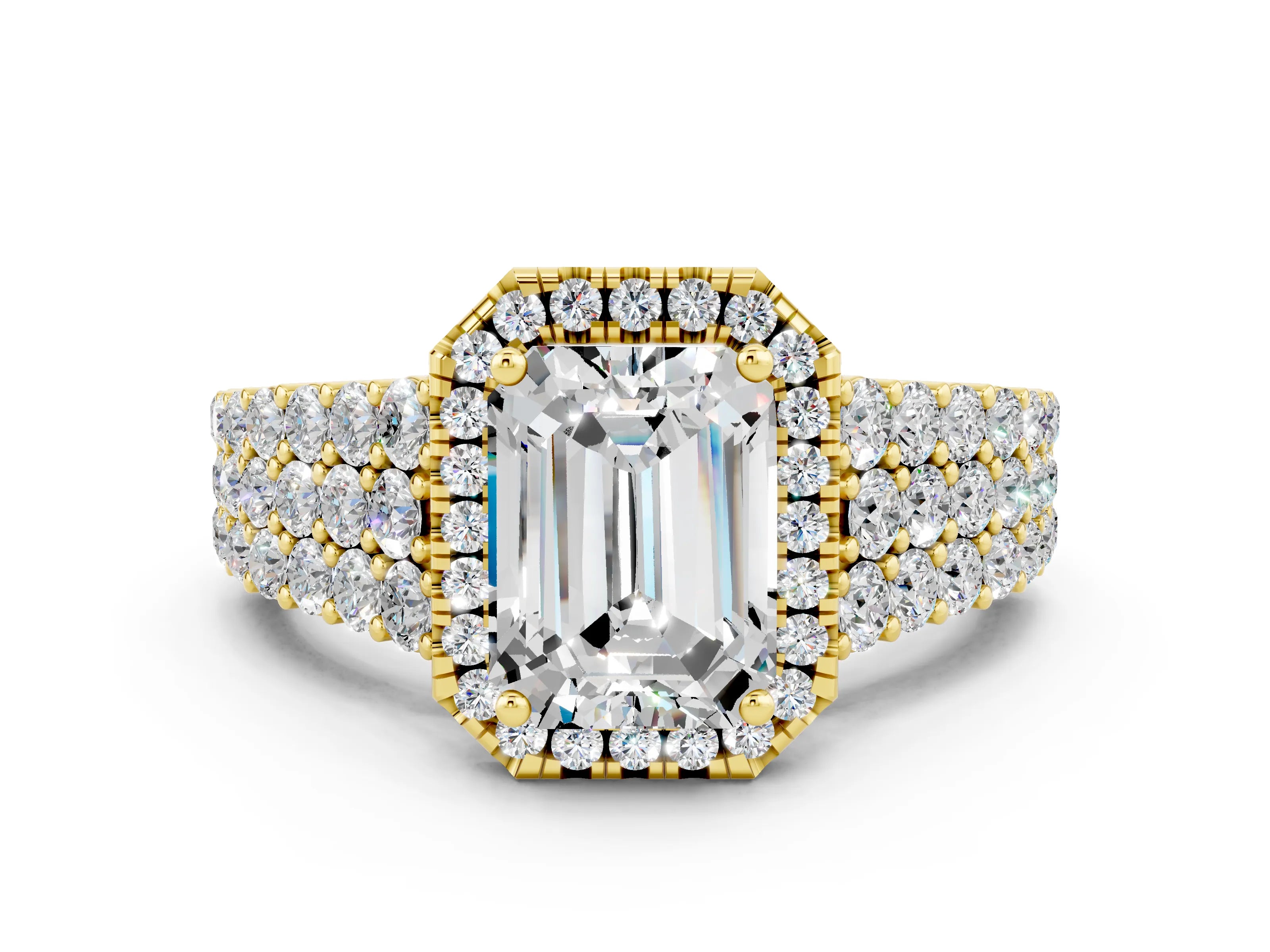 Yellow gold Emerald Cut Halo Pavé Diamond Engagement Ring with Split Shank and Four-Prong Setting