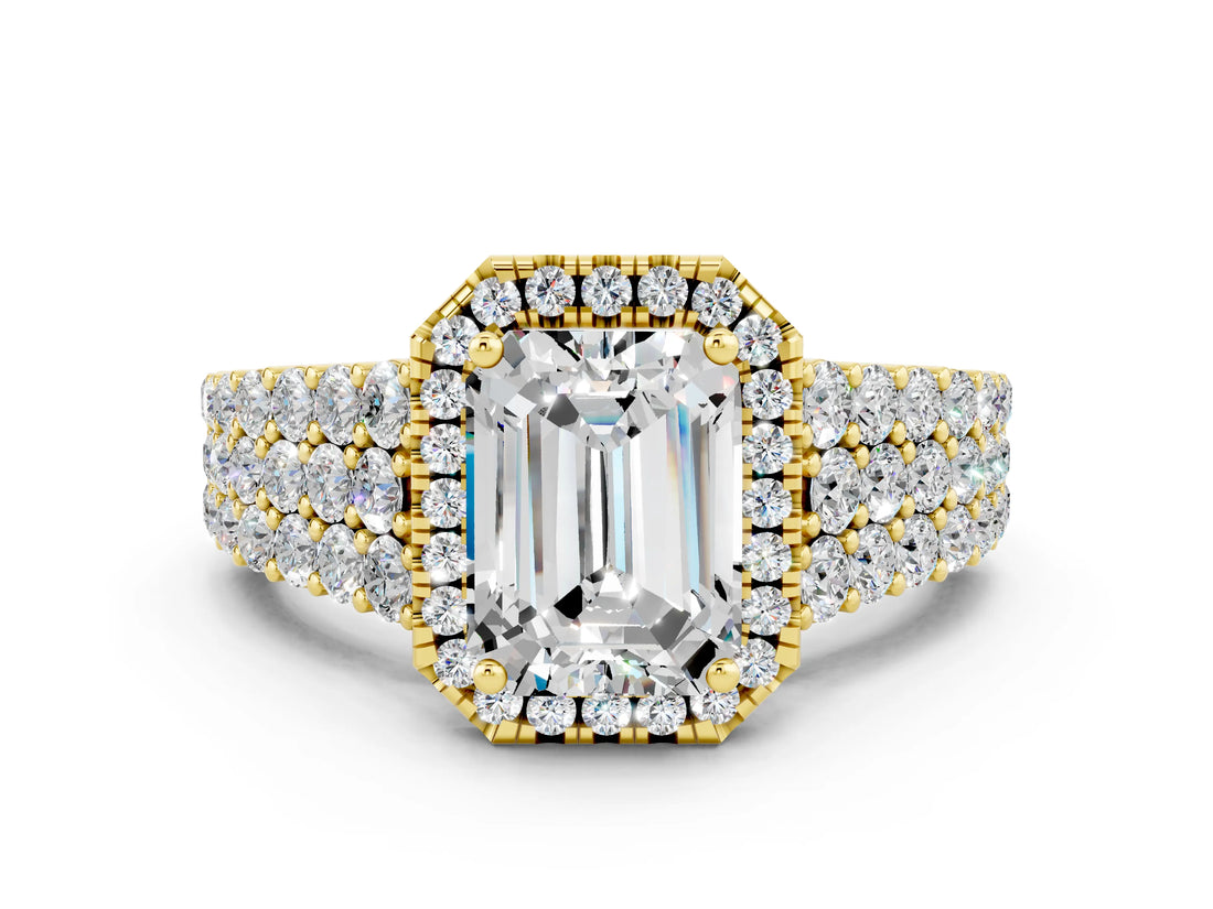 Yellow gold Emerald Cut Halo Pavé Diamond Engagement Ring with Split Shank and Four-Prong Setting