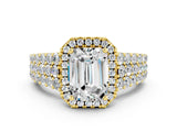 Yellow gold Emerald Cut Halo Pavé Diamond Engagement Ring with Split Shank and Four-Prong Setting