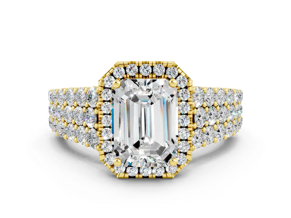 Yellow gold Emerald Cut Moissanite Halo Engagement Ring with Triple Row Round Pavé Band and Prong Setting
