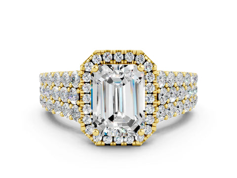 Yellow gold Emerald Cut Halo Pavé Diamond Engagement Ring with Split Shank and Four-Prong Setting