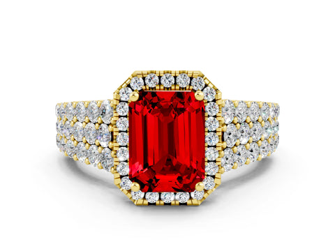 Yellow gold Emerald Cut Halo Pavé Diamond Engagement Ring with Split Shank and Four-Prong Setting