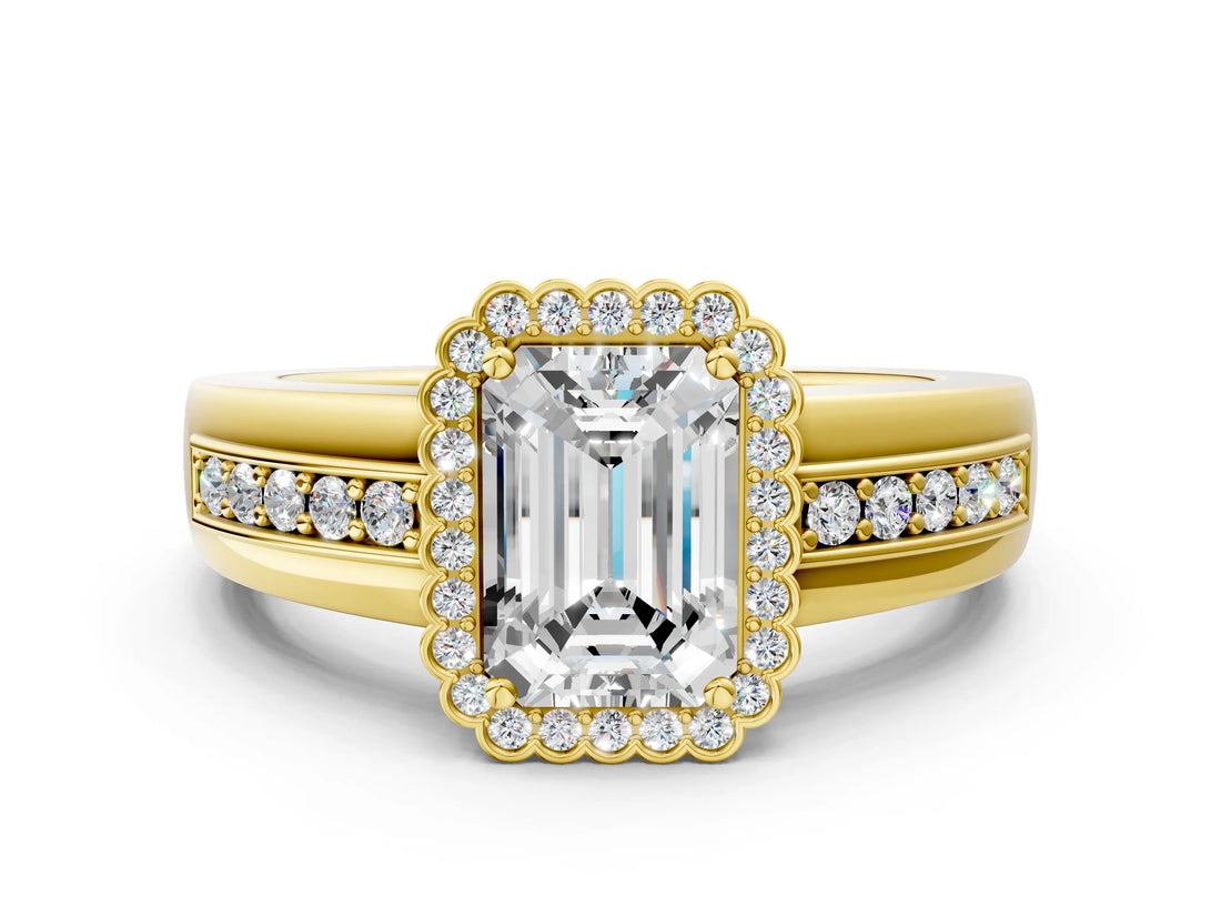 Yellow gold Emerald Cut Halo Pave Band Four-Prong Ring_61