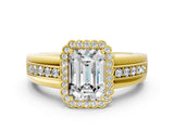 Yellow gold Emerald Cut Halo Pave Band Four-Prong Ring_61