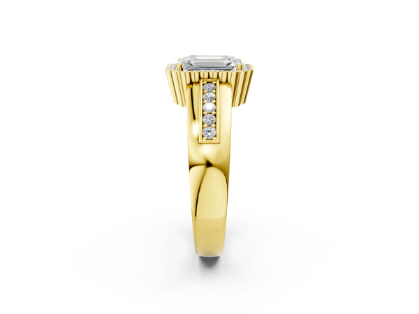 Yellow Gold Emerald Cut Scalloped Halo Engagement Ring Setting with Wide Tiered Pave Band